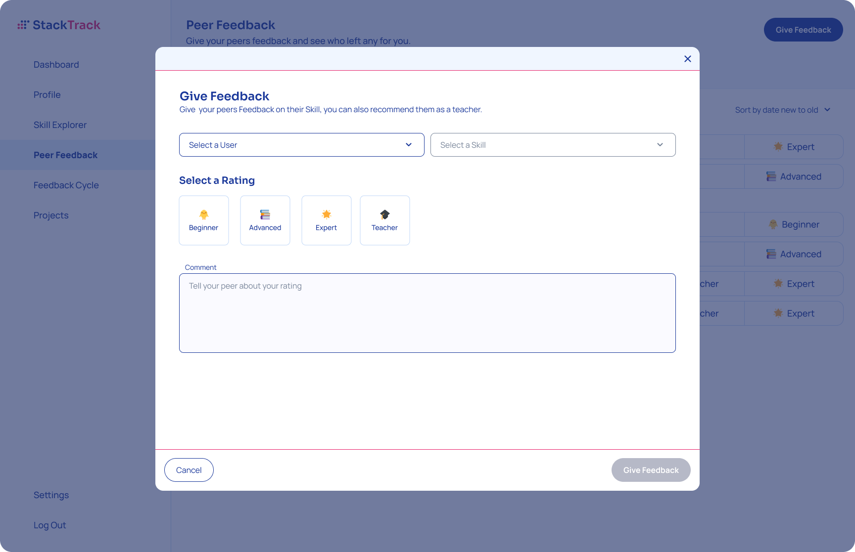 Screenshot of StackTrack Give Feedback overlay view design