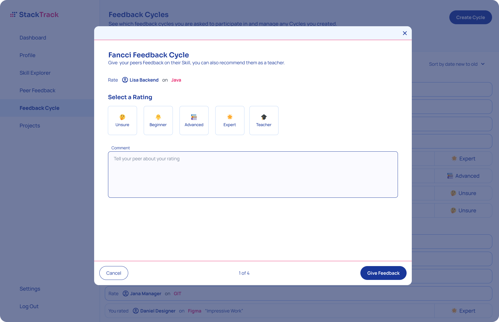Screenshot of StackTrack Feedback Cycle Overlay view design