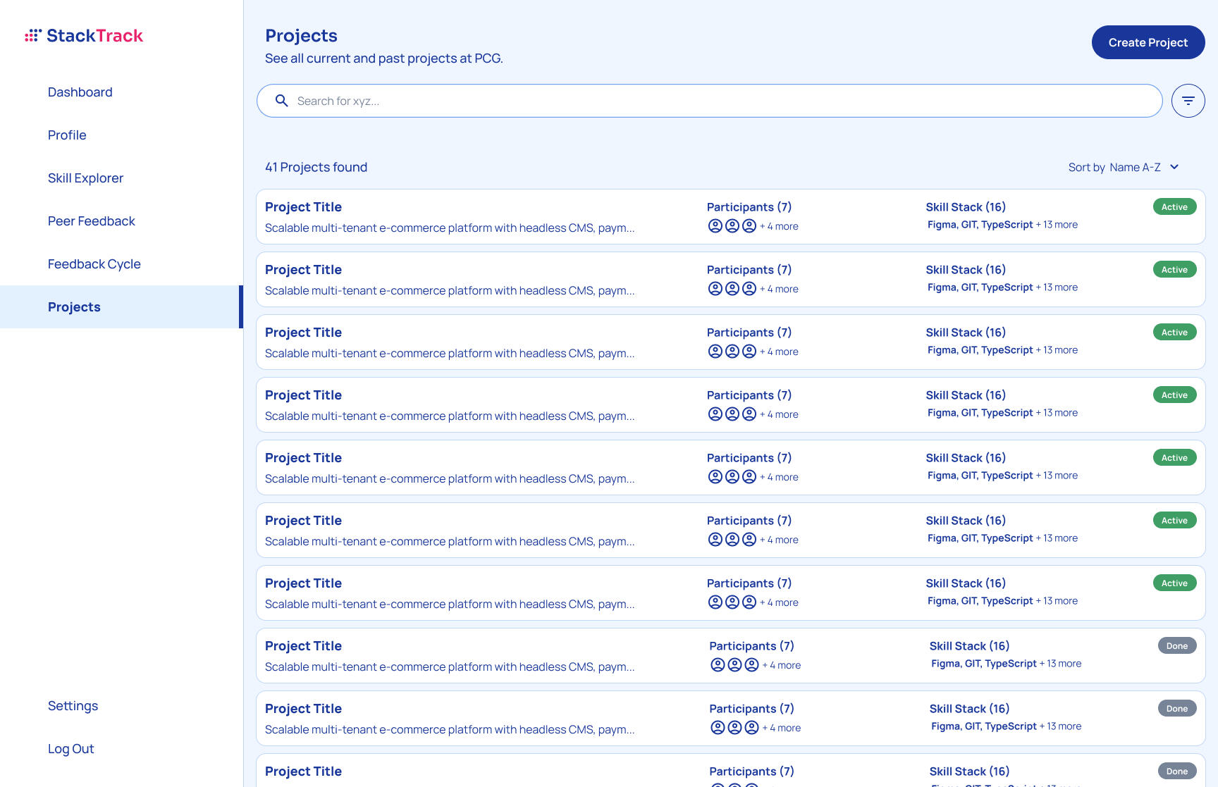 Screenshot of StackTrack Projects view design