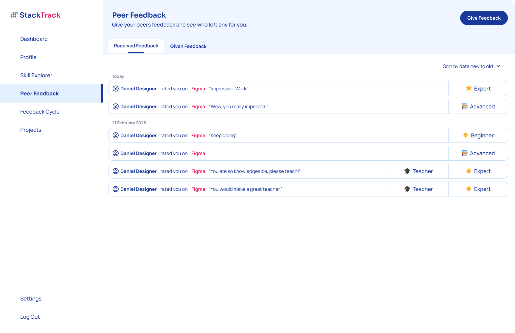 Screenshot of StackTrack Peer Feedback view design