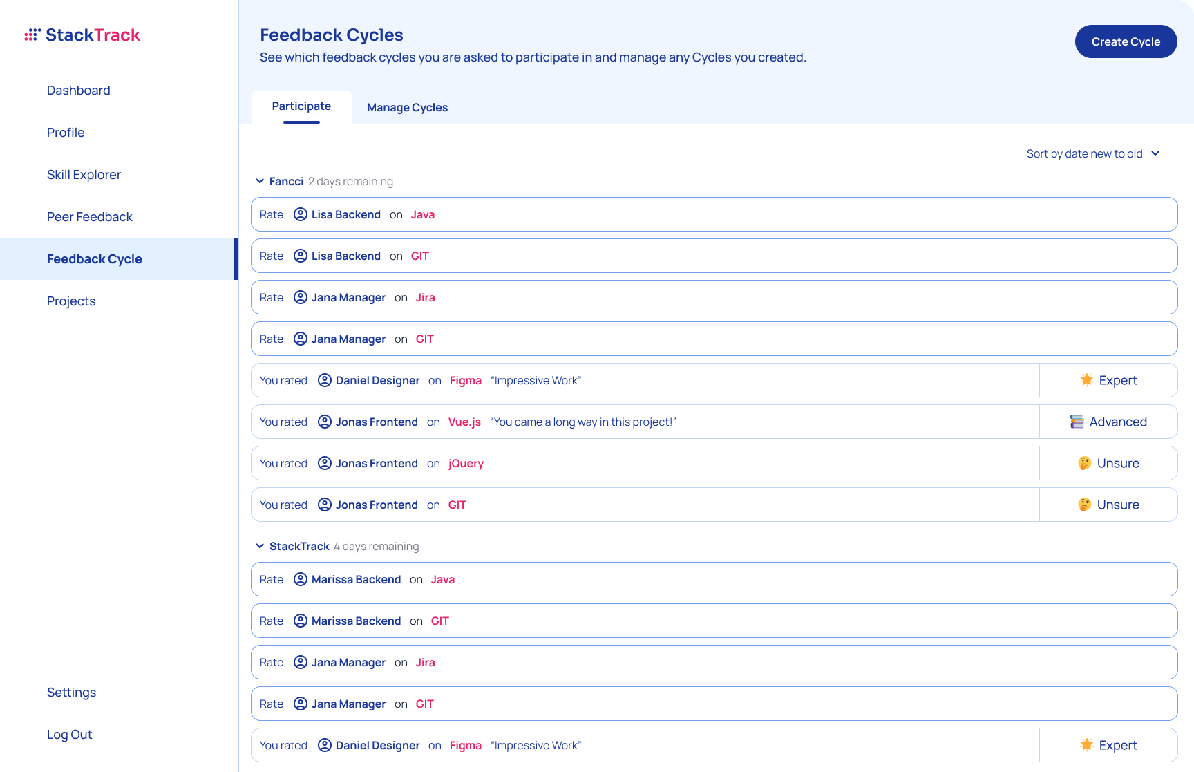 Screenshot of StackTrack Feedback Cyc view design