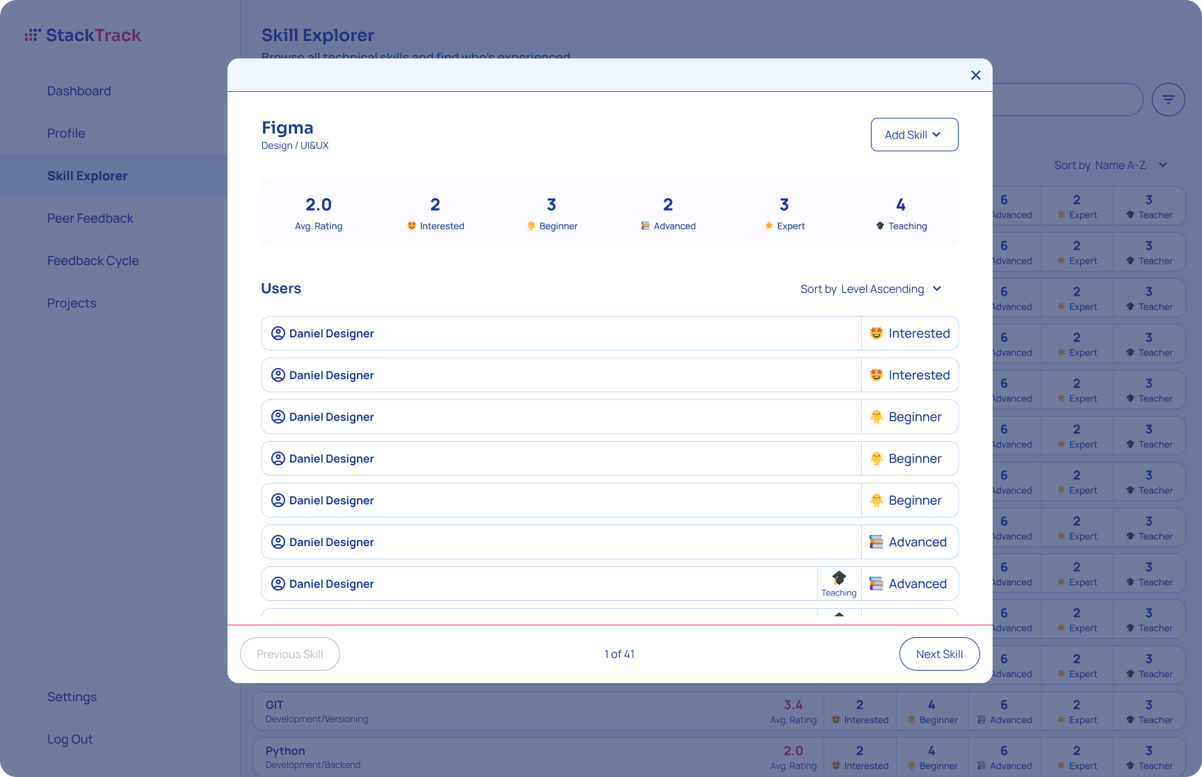 Screenshot of StackTrack Skill Detail view design